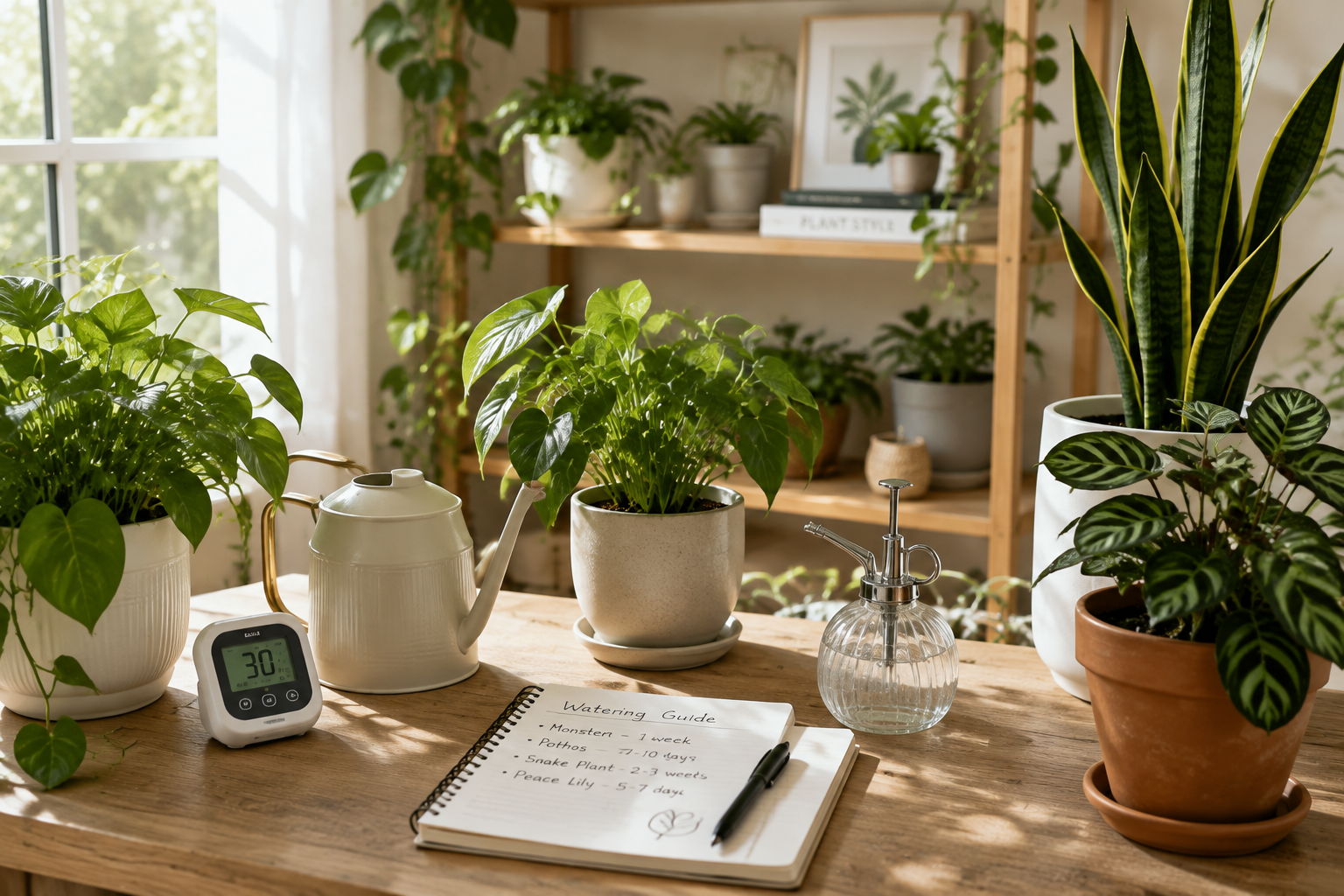 A cozy indoor space with various plants and gardening tools.