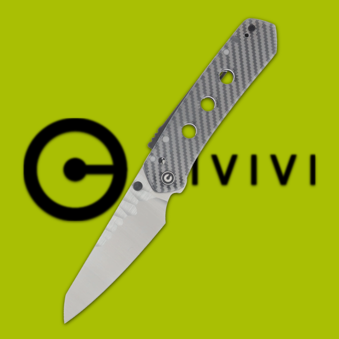 A folding knife with a silver blade and textured handle on a green background.