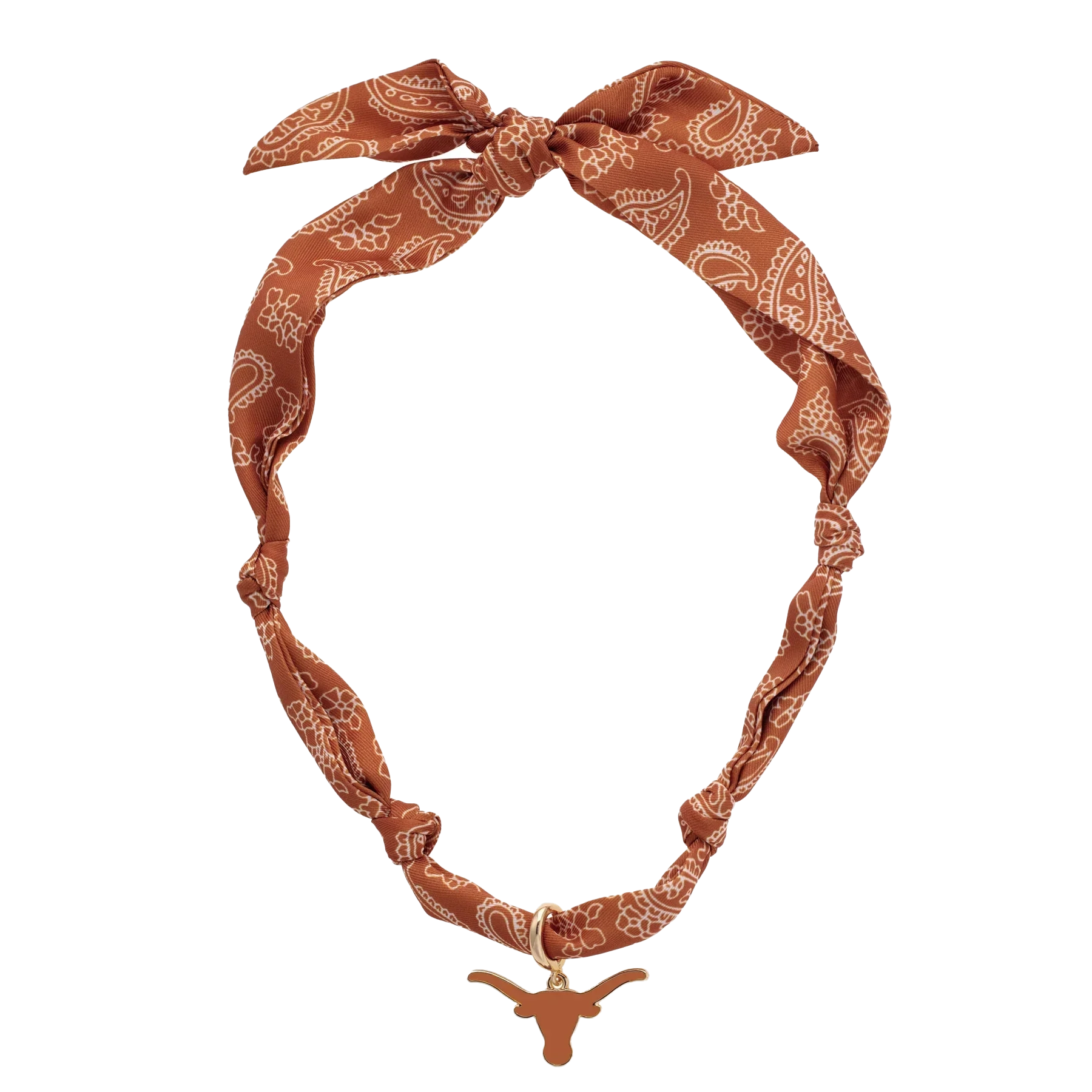 Brown patterned bandana with a tied bow and a pendant.