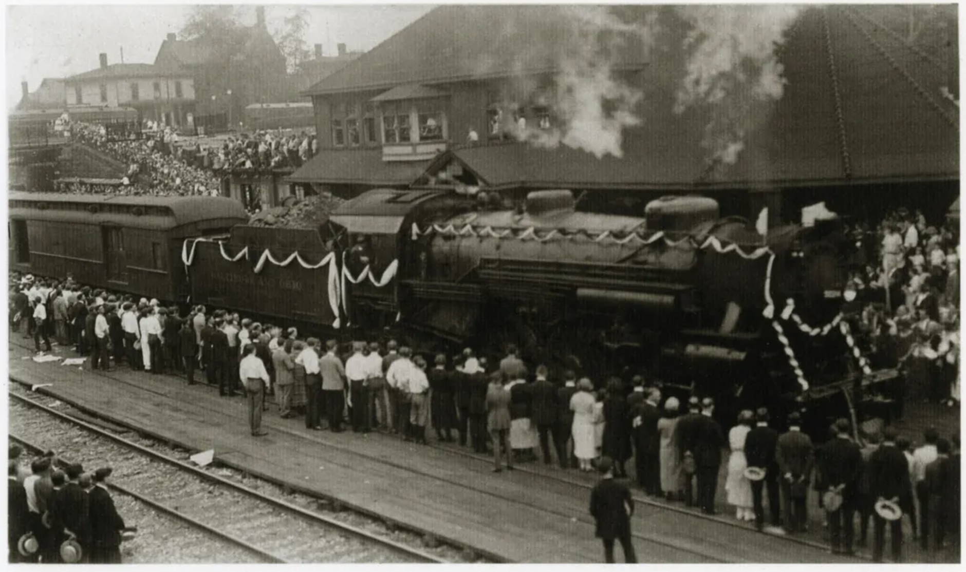 President Harding's funeral train, draped in black bunting, at the Union Depot at Akron, Ohio August 7th, 1923