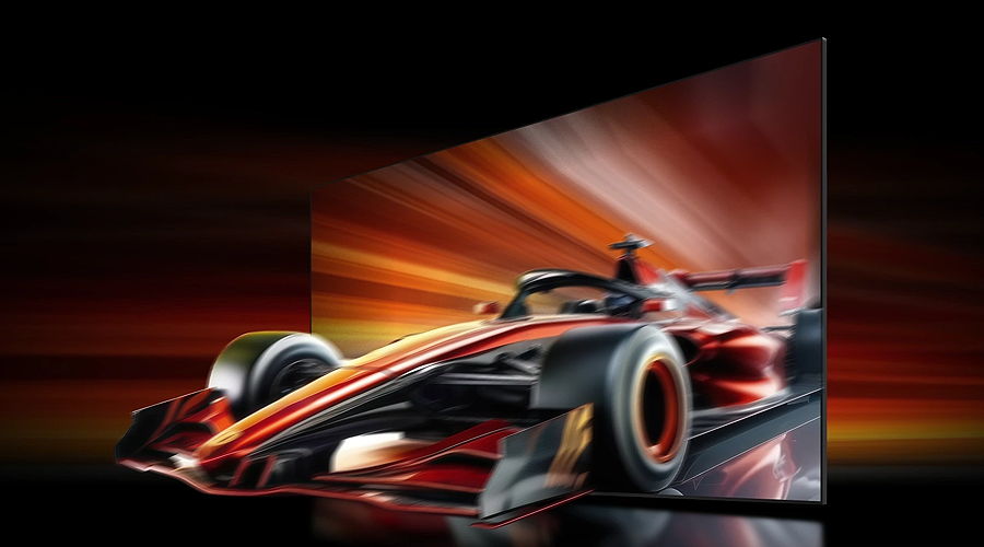 Race car speeding through a dynamic, colorful background.