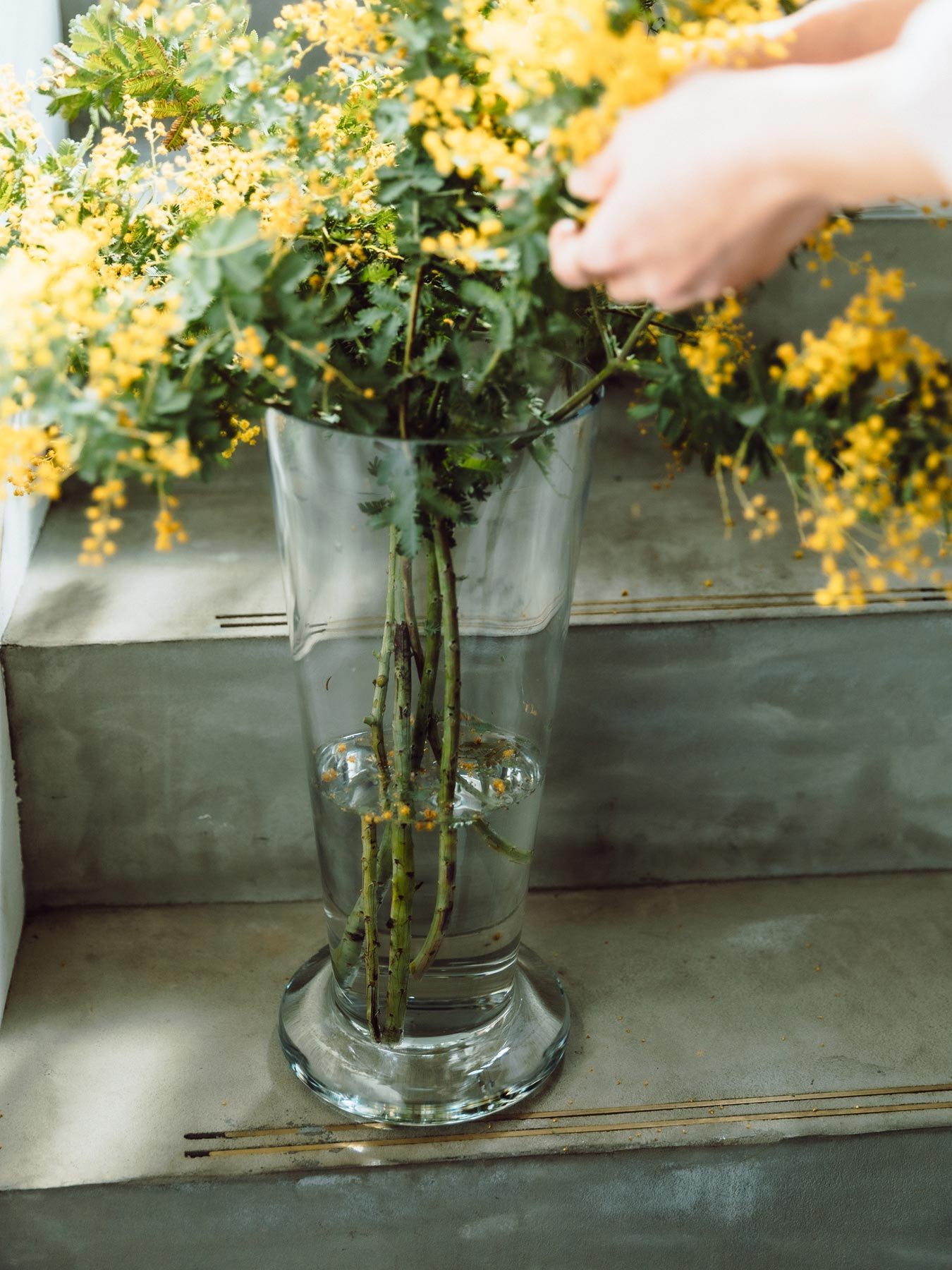 Person arranging yellow flowers in a clear vase on wooden stairs.
