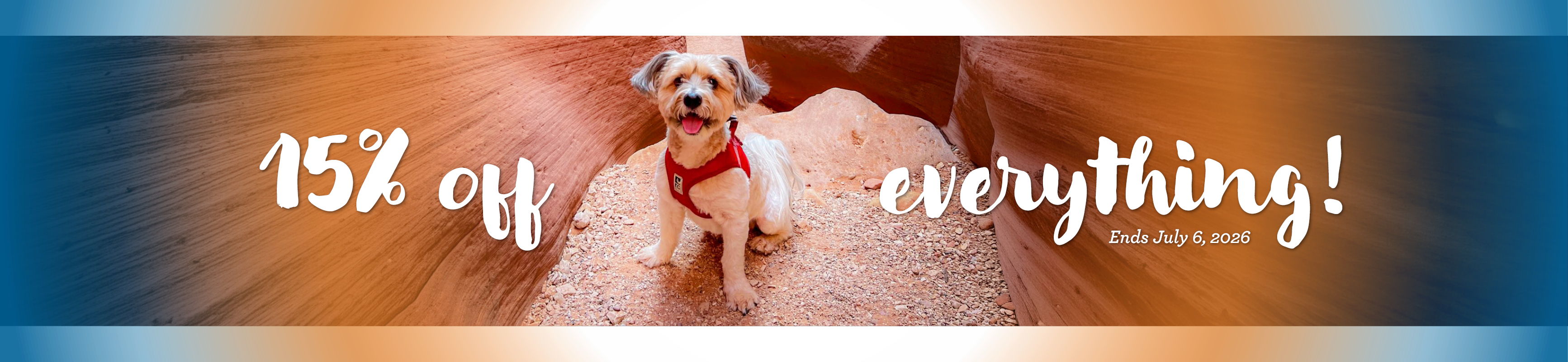 Dog in a red harness with text promoting 15% off on everything.