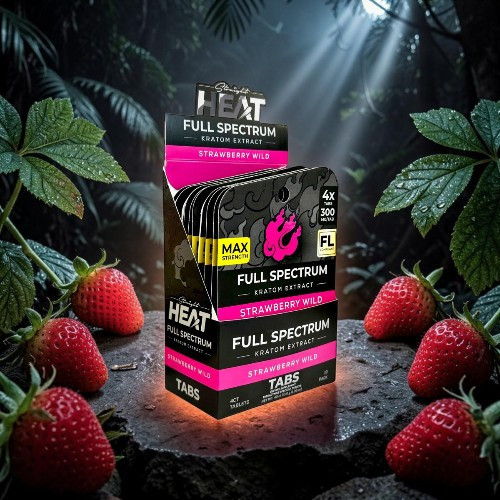 Box of Full Spectrum gummies surrounded by strawberries in a dark, leafy setting.