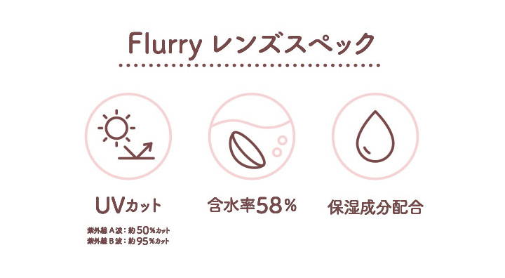 フルーリーバイカラーズのレンズスペック,UVカット,含水率58%,保湿成分配合|フルーリーバイカラーズ(Flurry by colors)コンタクトレンズ