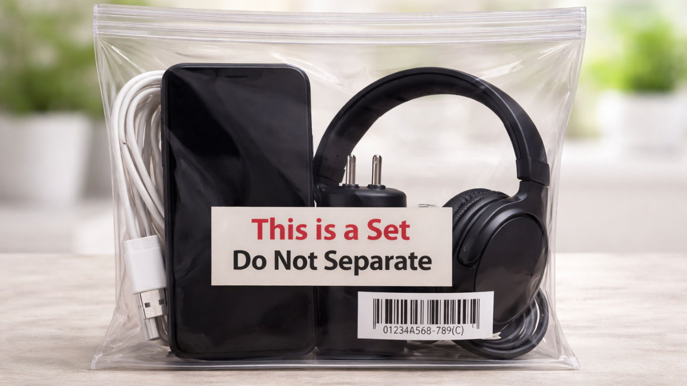 Electronic product bundle with cables and accessories packed in a clear polybag with “Do Not Separate” label for Amazon FBA prep requirements