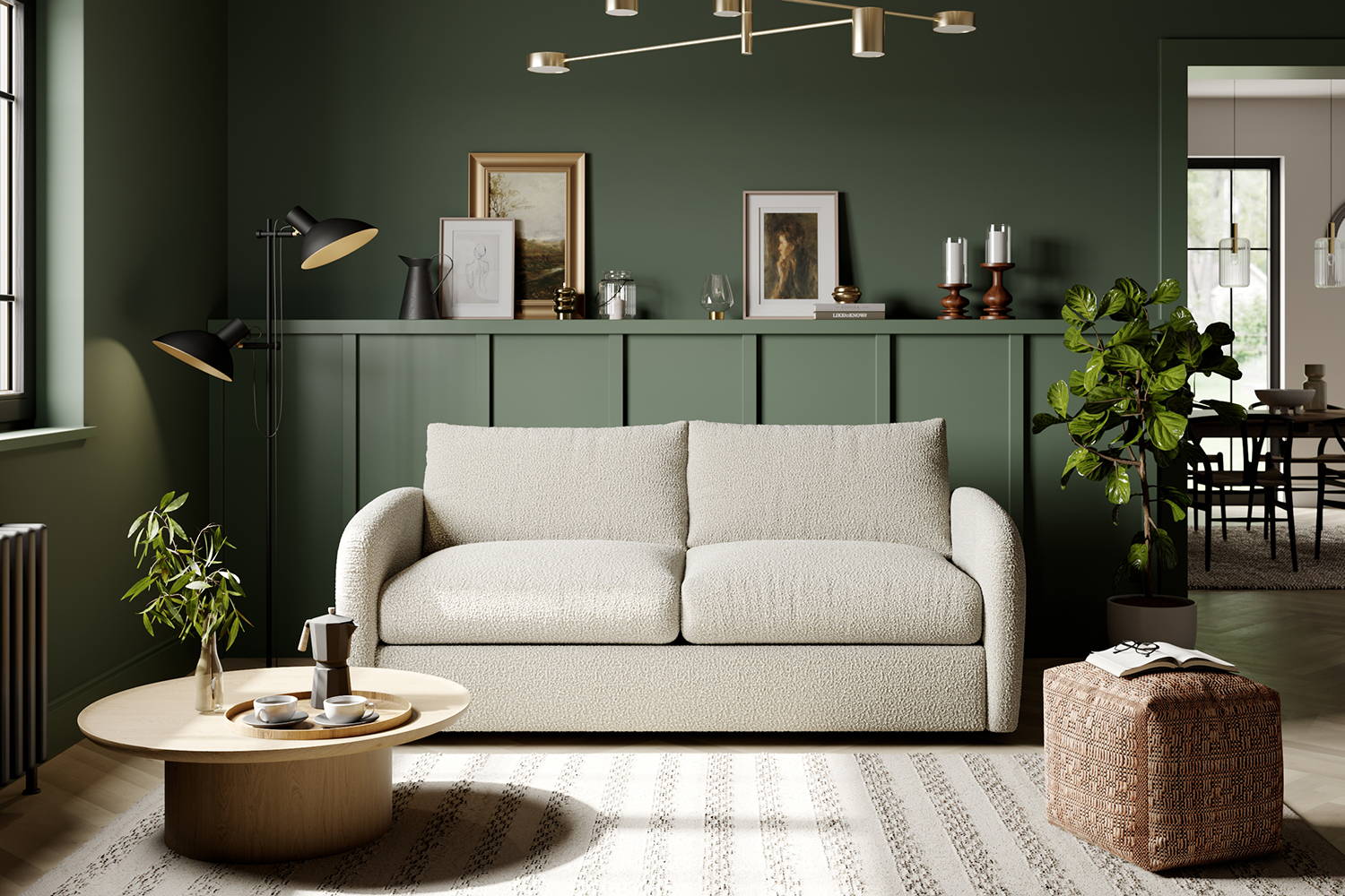 Boucle sofa in living room with green walls