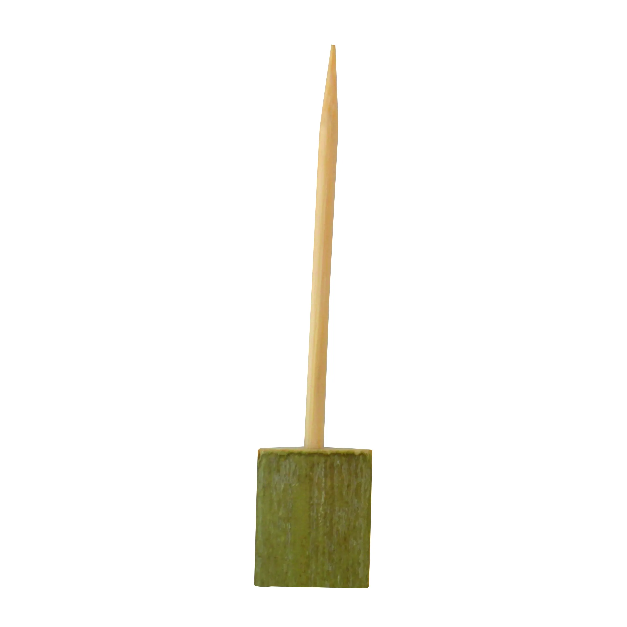 A skewer with a green bamboo block end