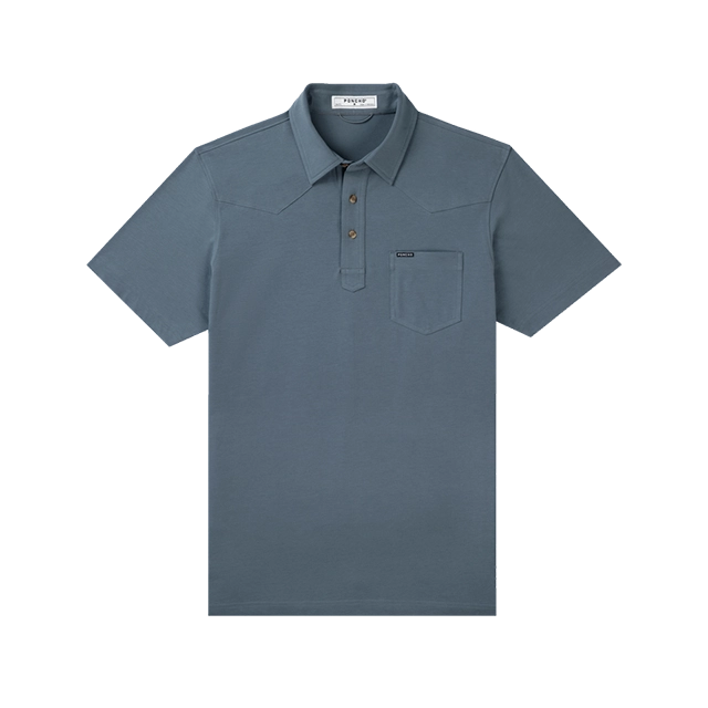 Men's short-sleeve polo shirt in blue with a pocket.