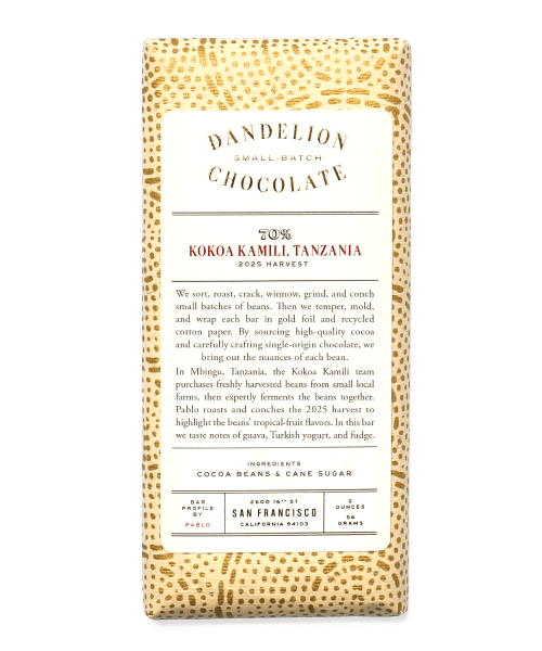 Dandelion Chocolate bar packaging featuring Kokoa Kamili, Tanzania, with description.