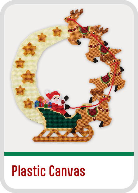 Santa in a sleigh with reindeer and stars, made of plastic canvas. Christmas Plastic Canvas kits