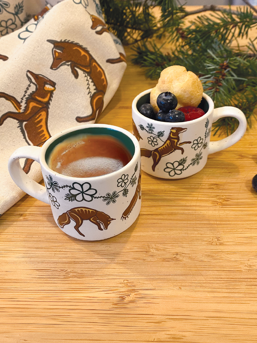 Foxes (Wagooshna) Ceramic Espresso Mugs by Storm Angeconeb, Lac Seul First Nation, Ojibwe