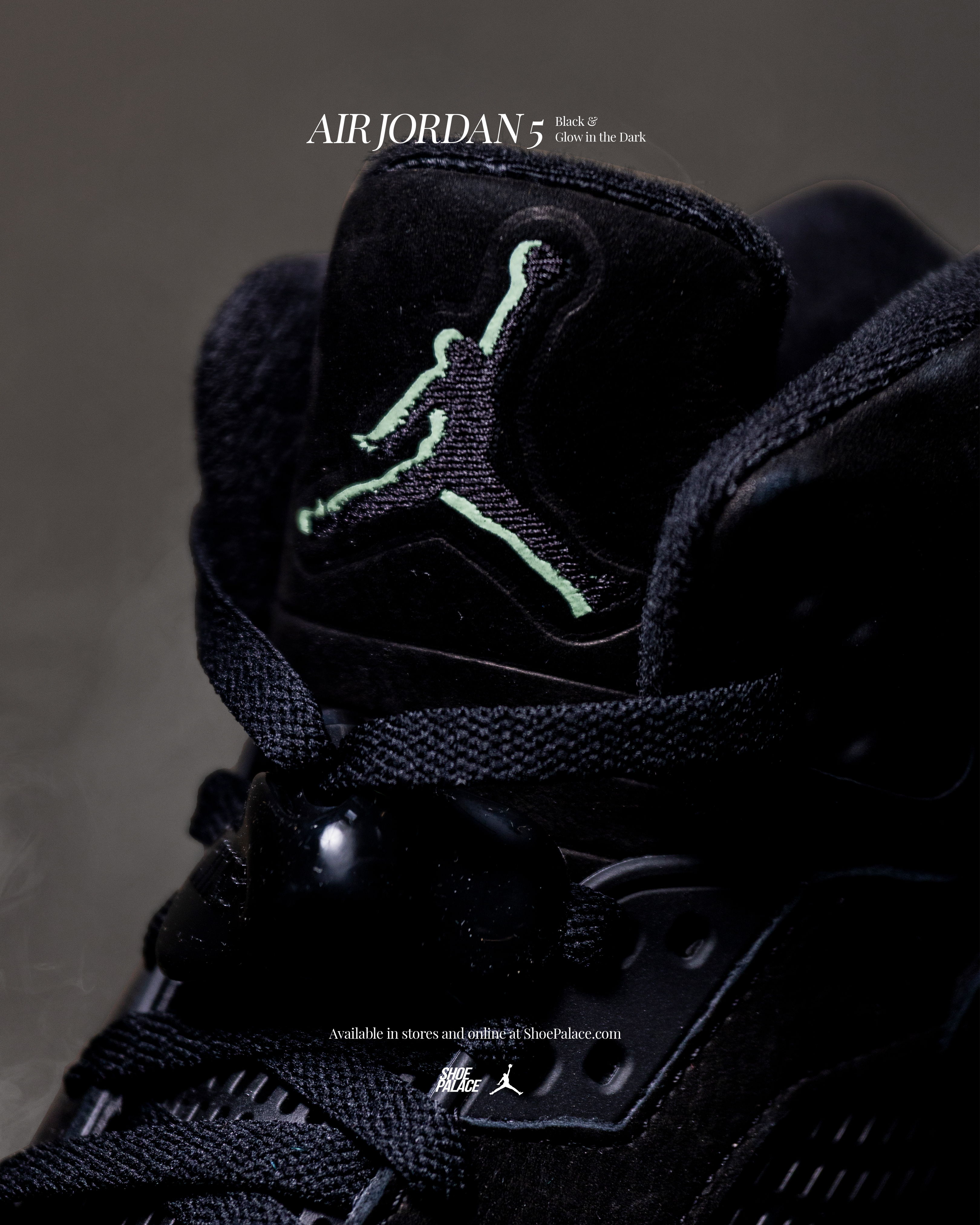 Close-up of Air Jordan 5 sneaker with iconic logo.