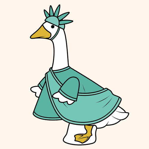 A cartoon goose dressed as the Statue of Liberty.