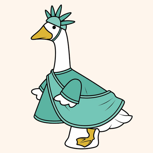 A cartoon goose dressed as the Statue of Liberty.