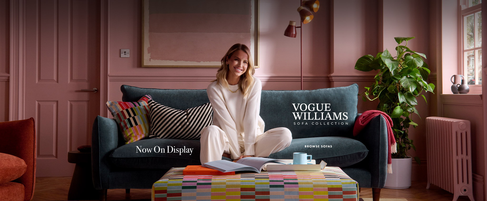 Vogue Williams sofa collection banner featuring the Kenmare sofa collection