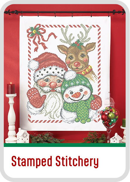 Three festive characters: Santa, a reindeer, and a snowman in a holiday setting. Christmas Stamped Stitchery