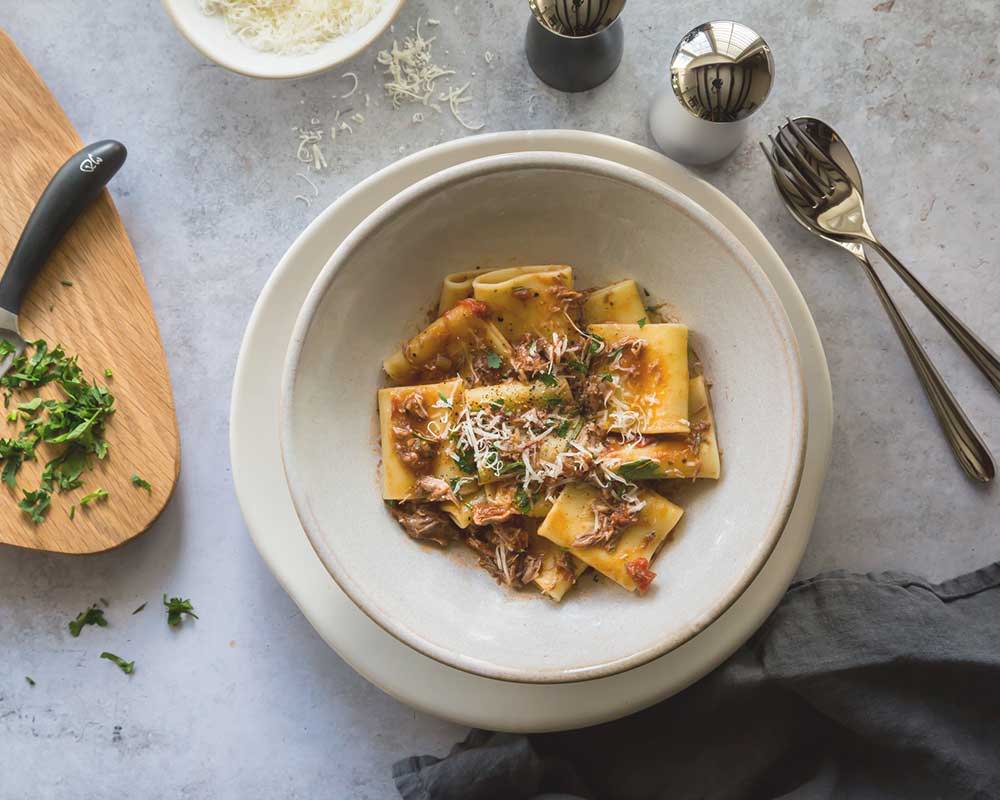 Slow cooked Duck Ragu with Paccheri Pasta