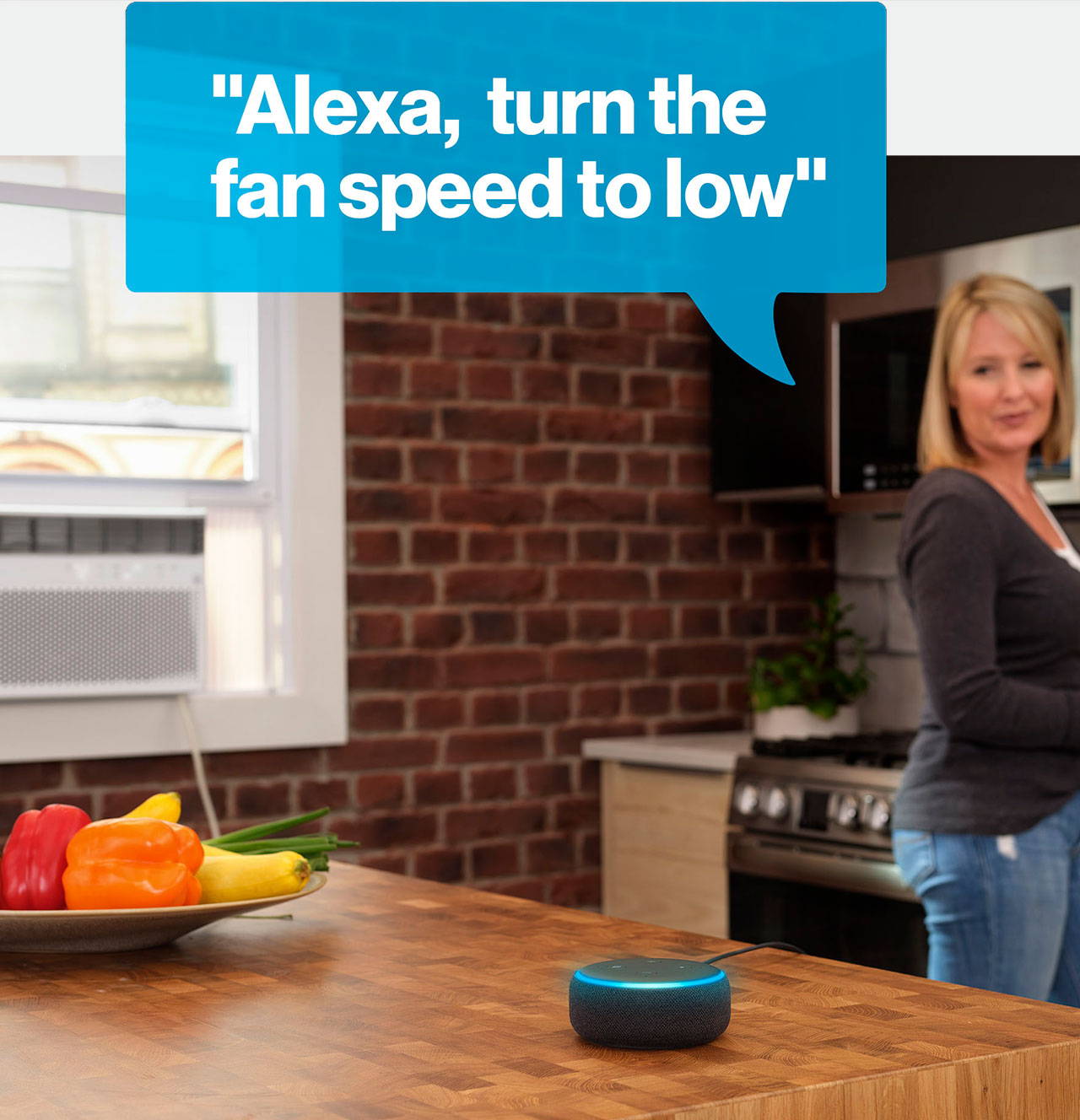 Woman standing in her kitchen with a thought bubble above her saying, 