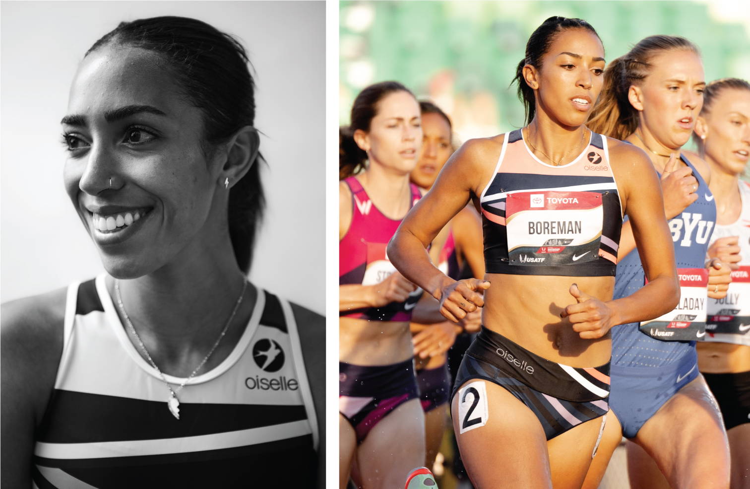 Left: Portrait of Madie Boreman in a Oiselle uniform. Right: Madie racing the steeplechase