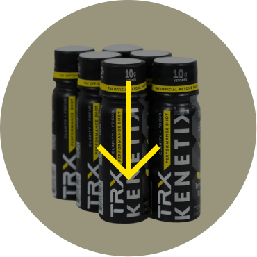 A pack of TRX KENETIK Ketone Shots in black bottles.