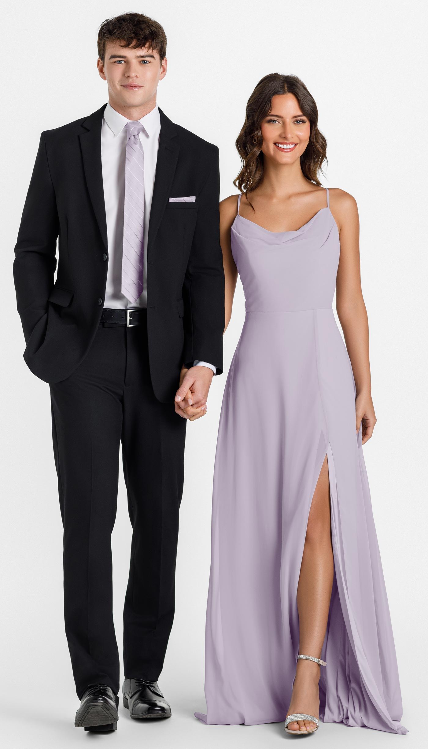 black suit with wisteria bridesmaid dress