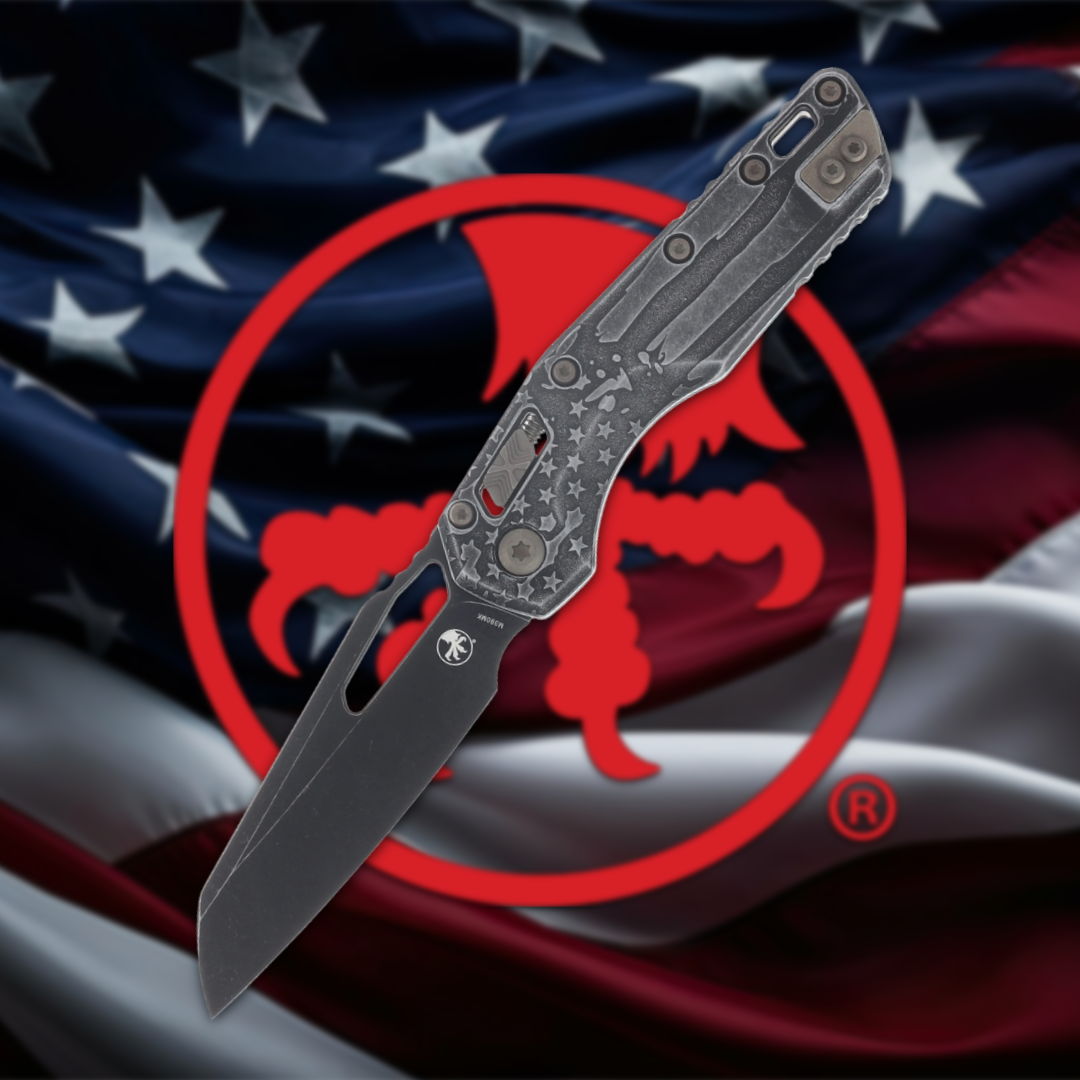 Knife in front of an American flag with a red emblem.