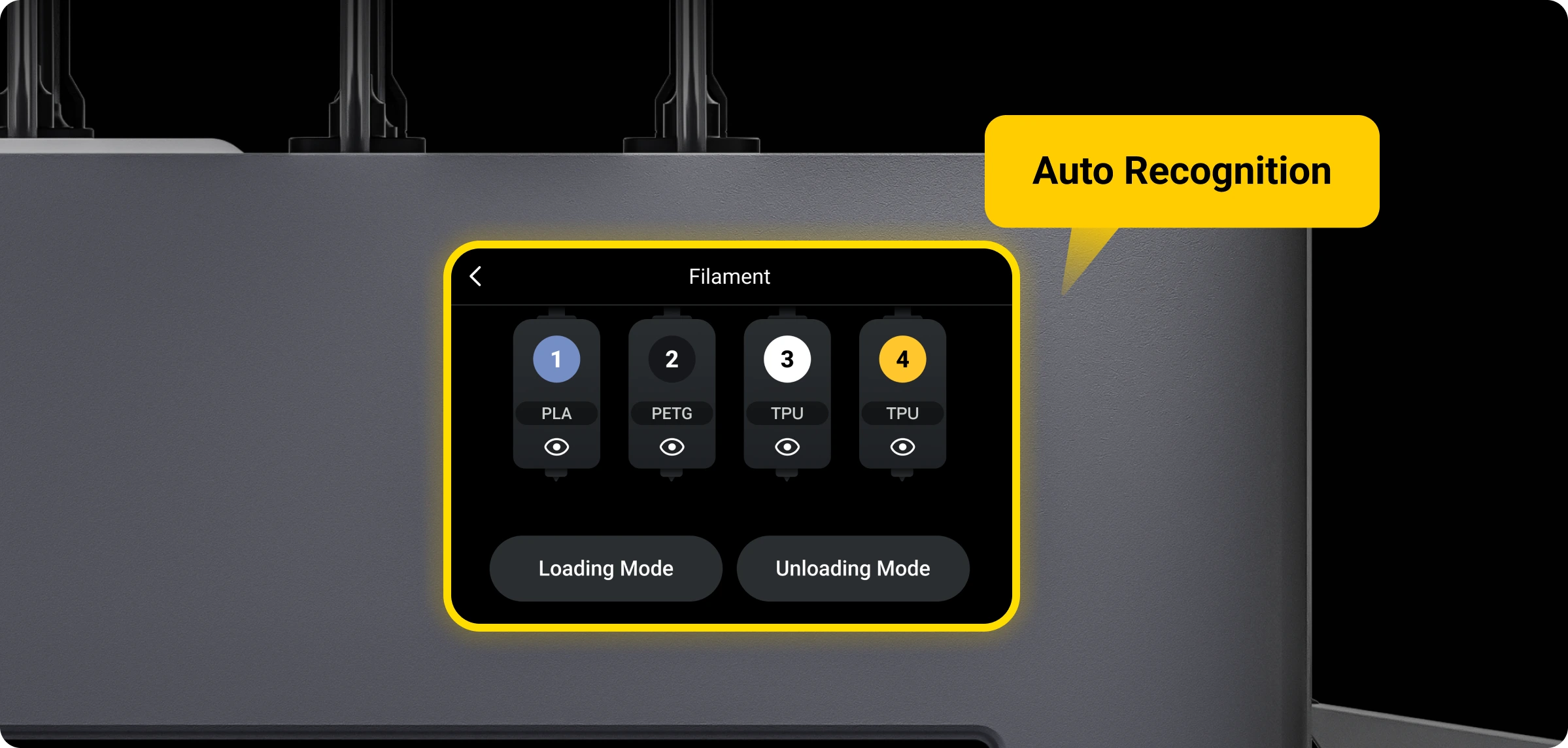 Snapmaker U1 auto-recognizes Silk PLA Filament (RFID) to load preset filament information without manual setup.