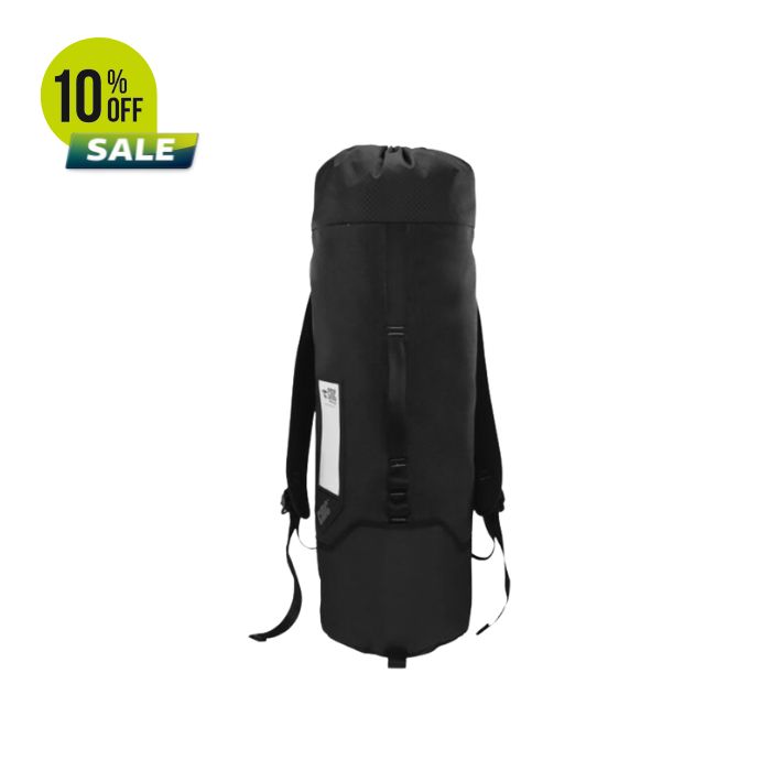 Black cylindrical backpack with straps, marked 10% off sale.