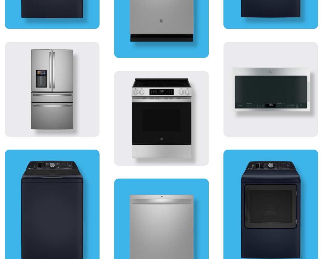 Various kitchen appliances displayed on a blue background.