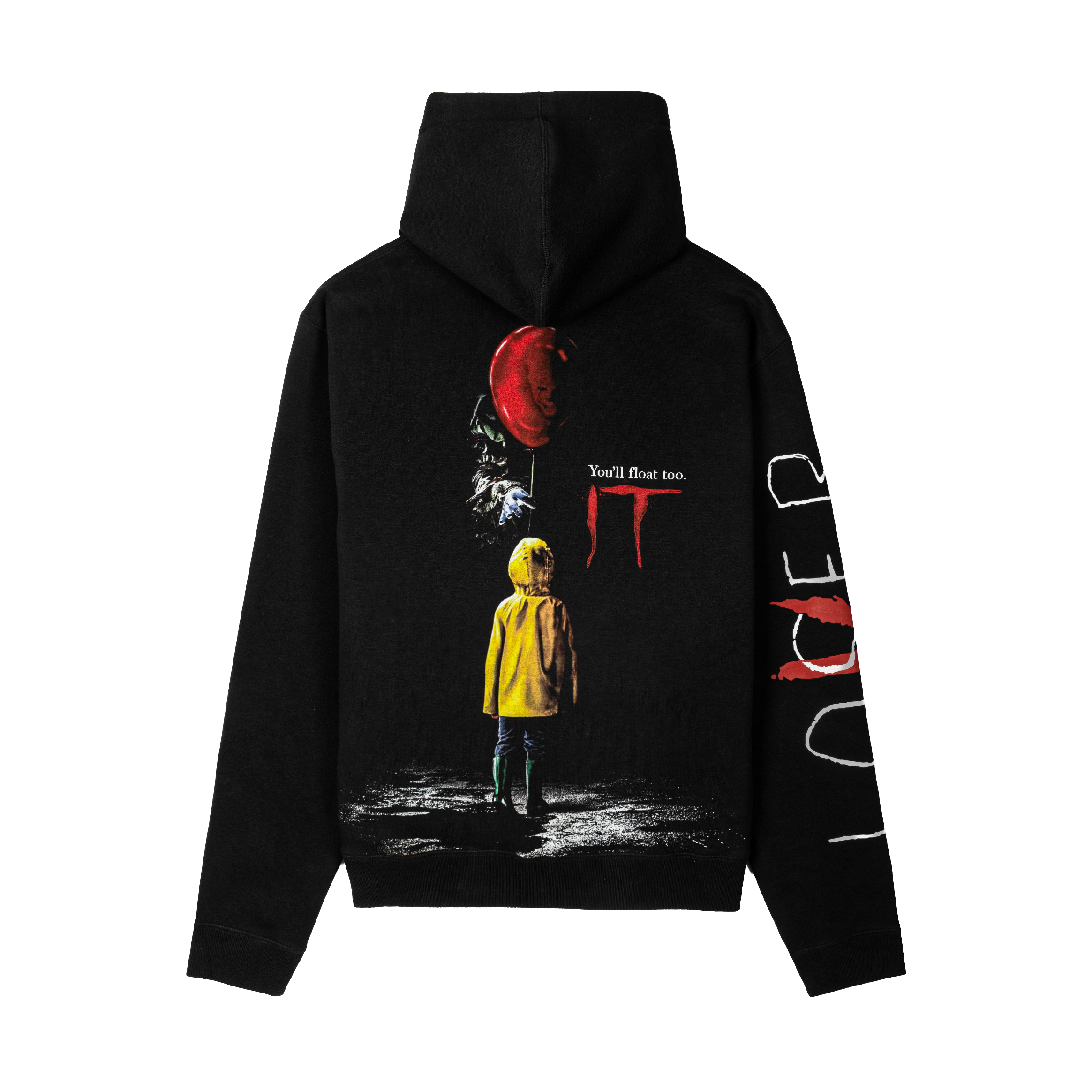 Black hoodie with text and graphic designs on sleeves.
