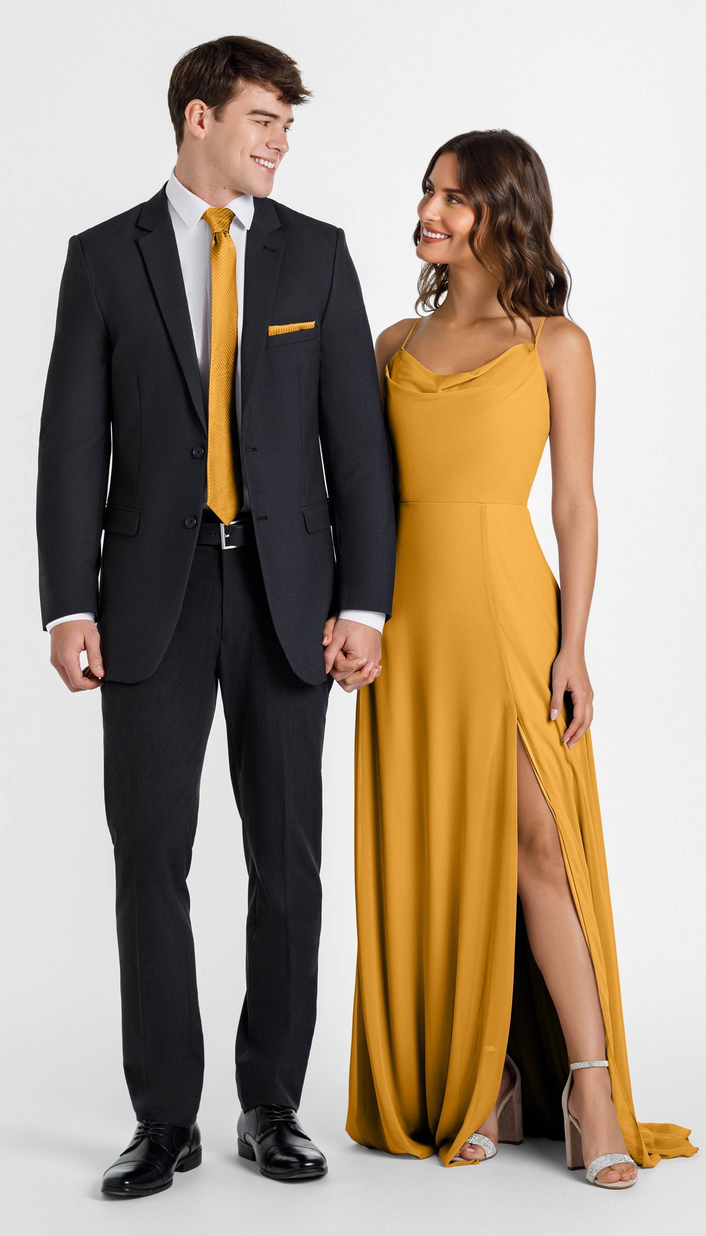 charcoal suit with marigold with bridesmaid dress 