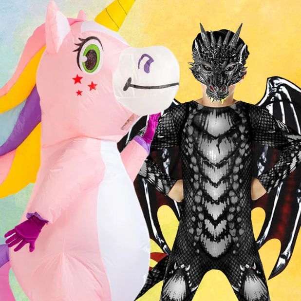 A yellow and blue background with two Mythical Costumes. One inflatable unicorn and a black and red dragon with wings. Click to shop all Book Week Mythical Costumes.