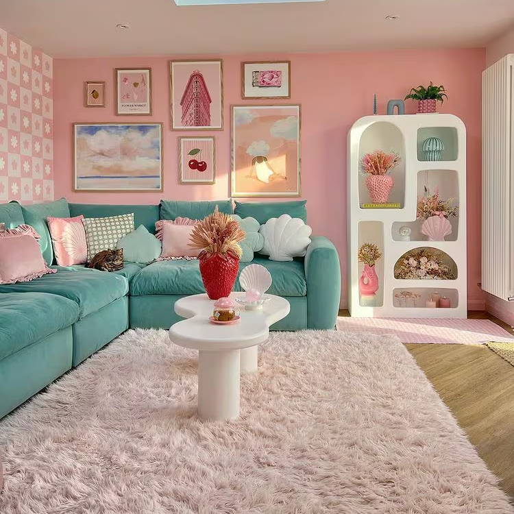 Soft Teal cloud sundae corner sofa in room with light pink walls