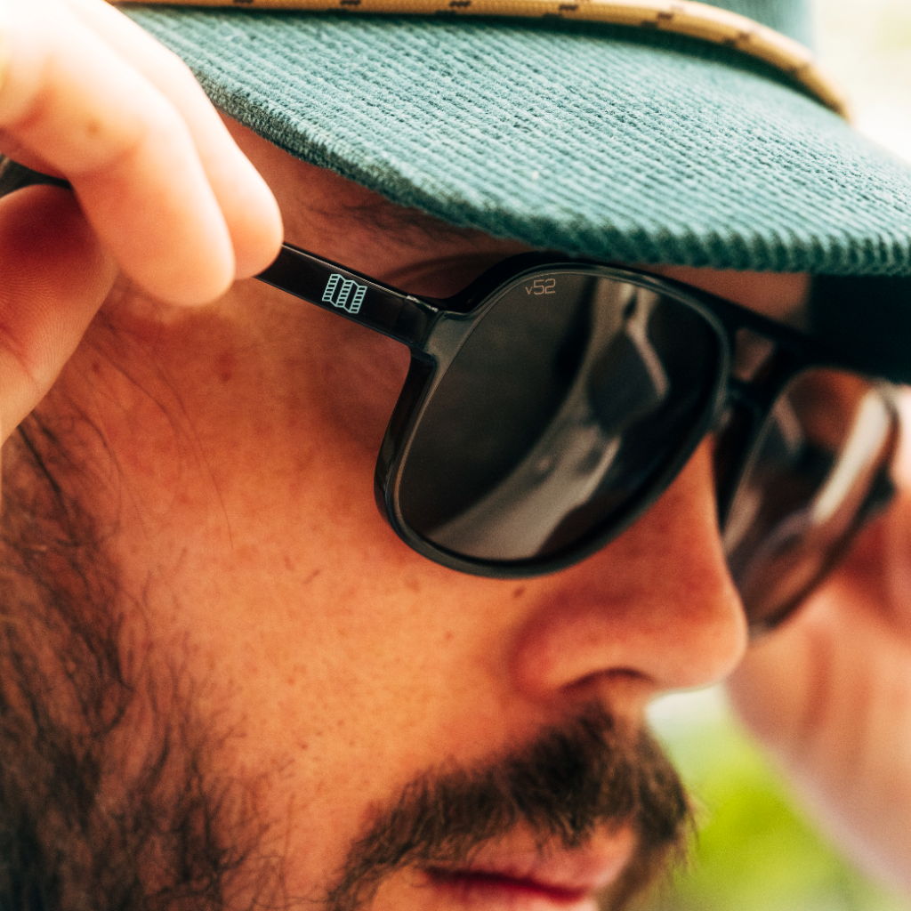Man wearing sunglasses and a hat, adjusting them with his hands.