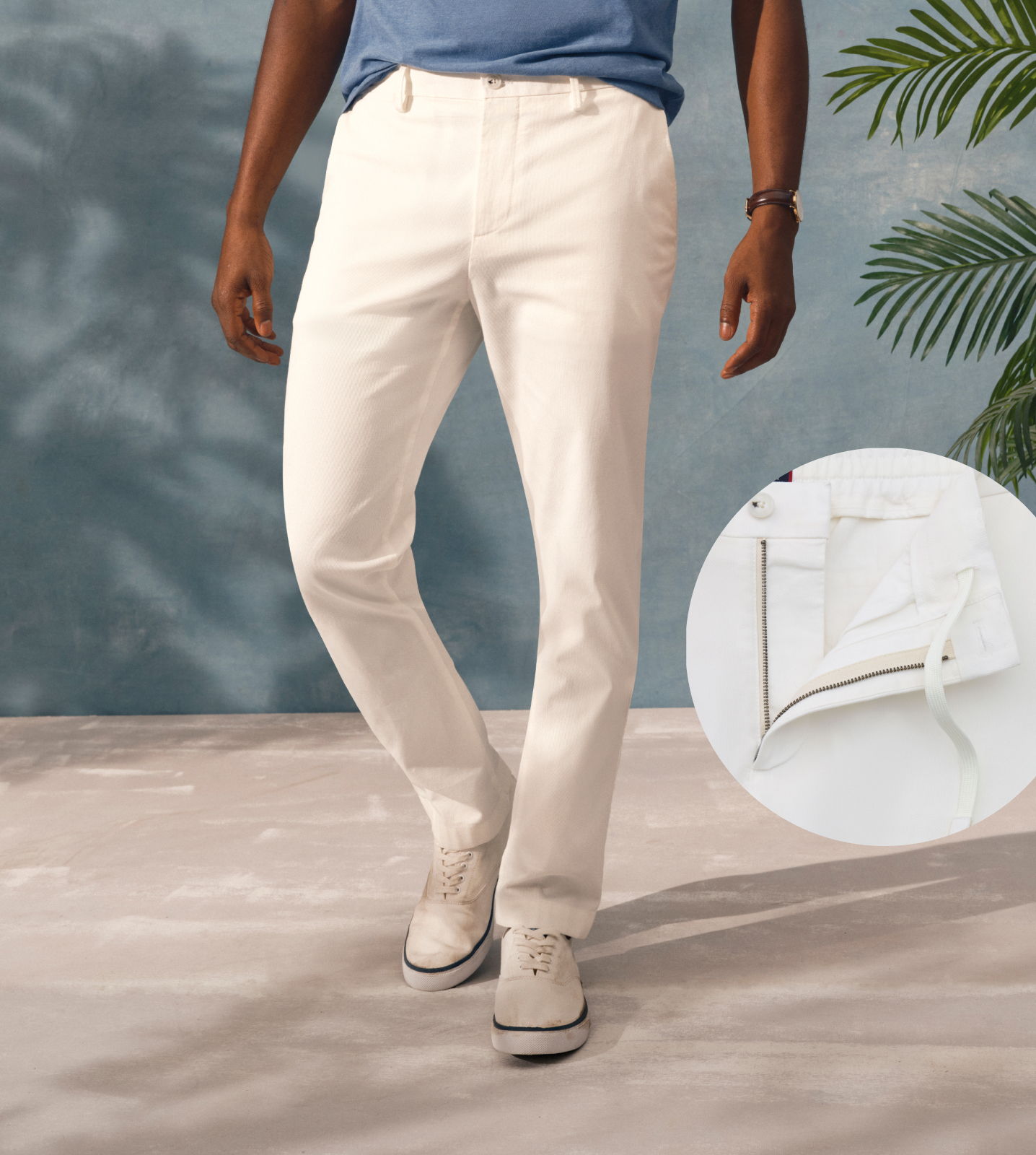 Man wearing white pants and casual shoes, with a clothing detail inset.