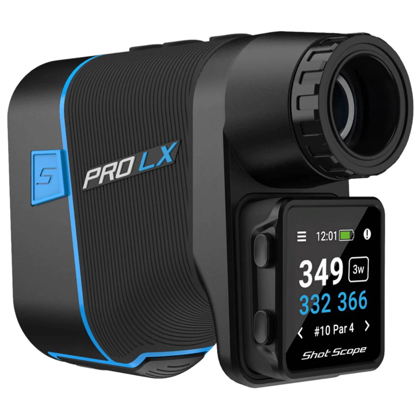 A black and blue Shot Scope Pro LX+ golf laser rangefinder with attachable GPS unit