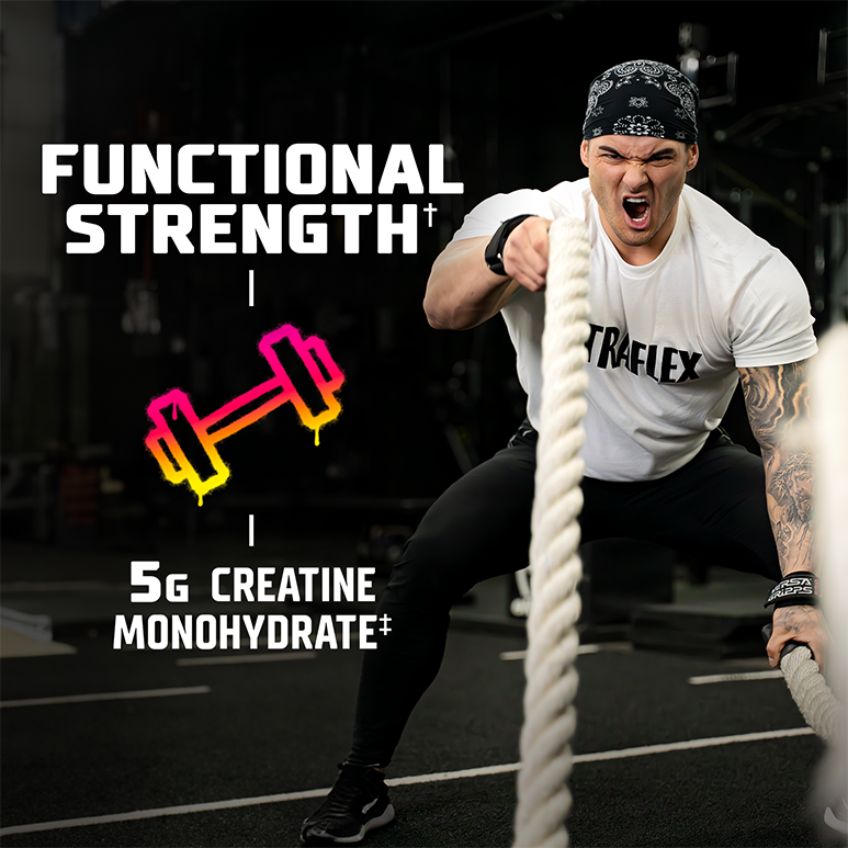 Nitraflex Kaos - Functional Strenght infographics with a photo of Jeremy Buendia, IFBB Professional