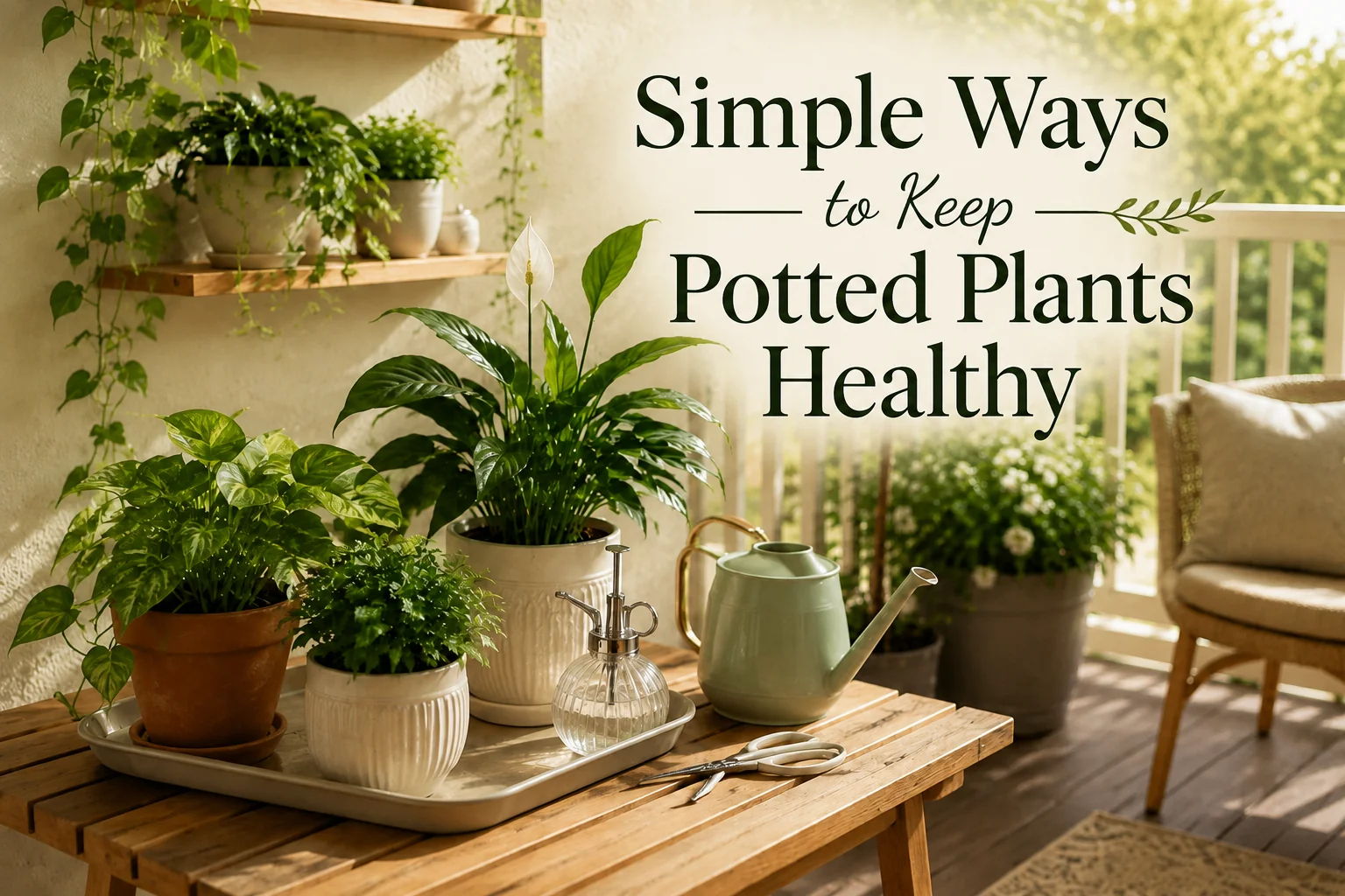 A cozy setup with potted plants and tips for keeping them healthy.