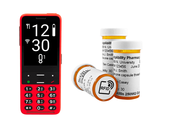 Photo of a BlindShell Classic 2 together with prescription bottles with ScripTalk RFID label.