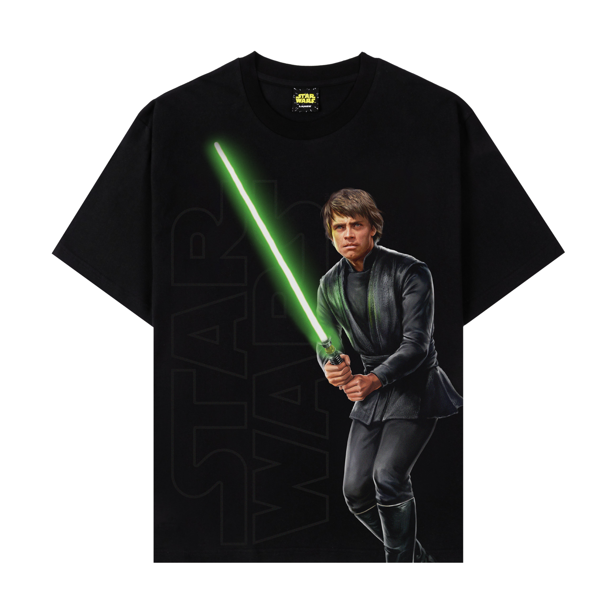 Black t-shirt featuring a character with a green lightsaber from Star Wars.