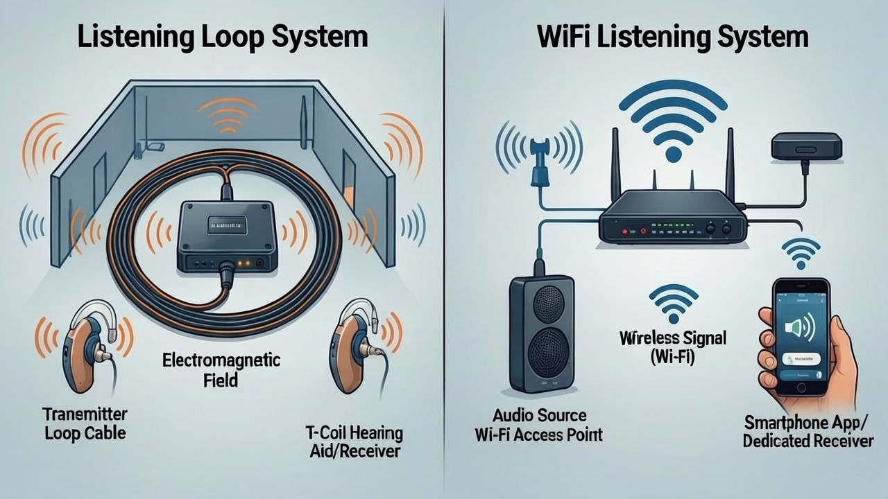 Diagram comparing Listening Loop and WiFi Listening systems.