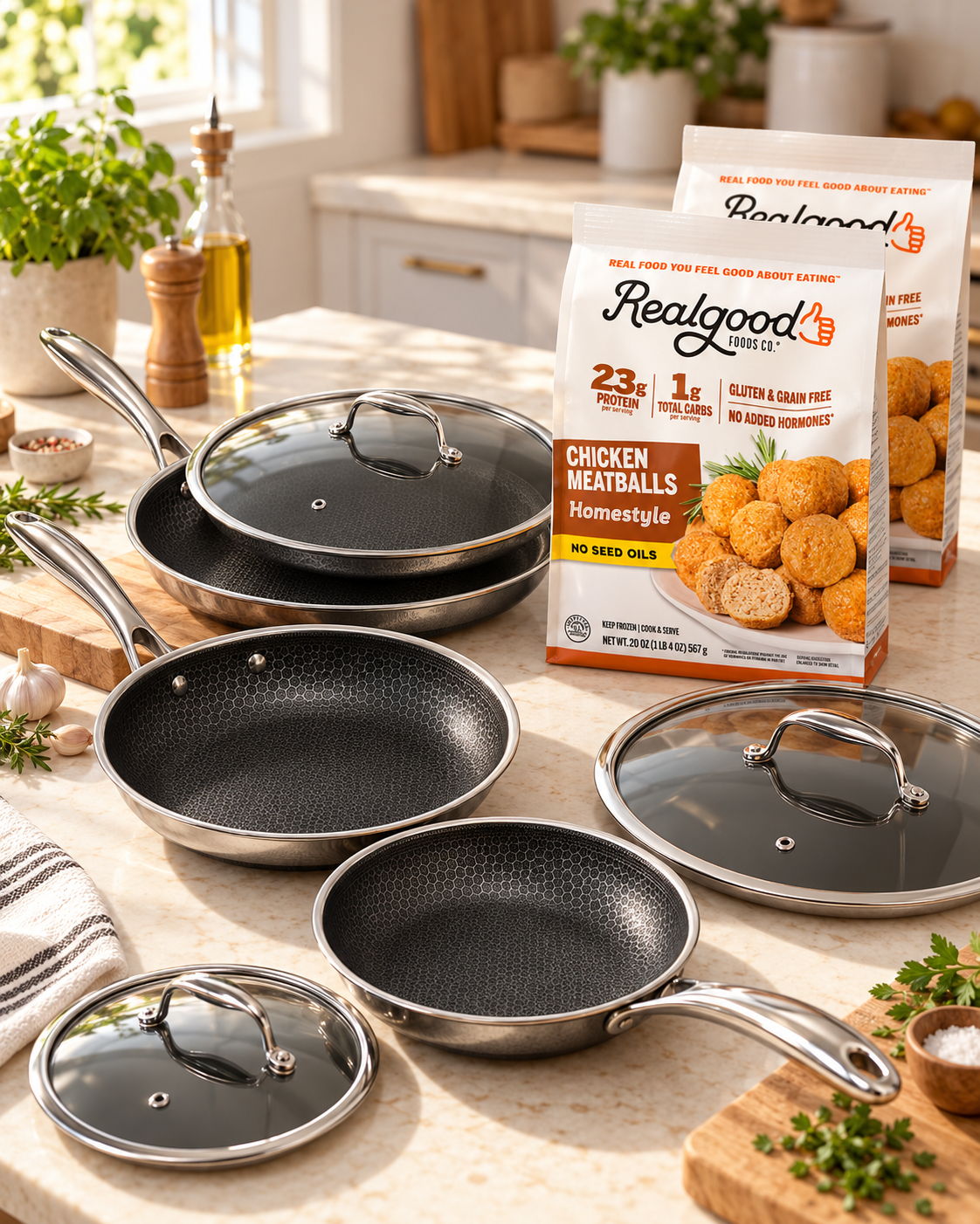 Assorted frying pans with a box of chicken meatballs on a kitchen countertop.
