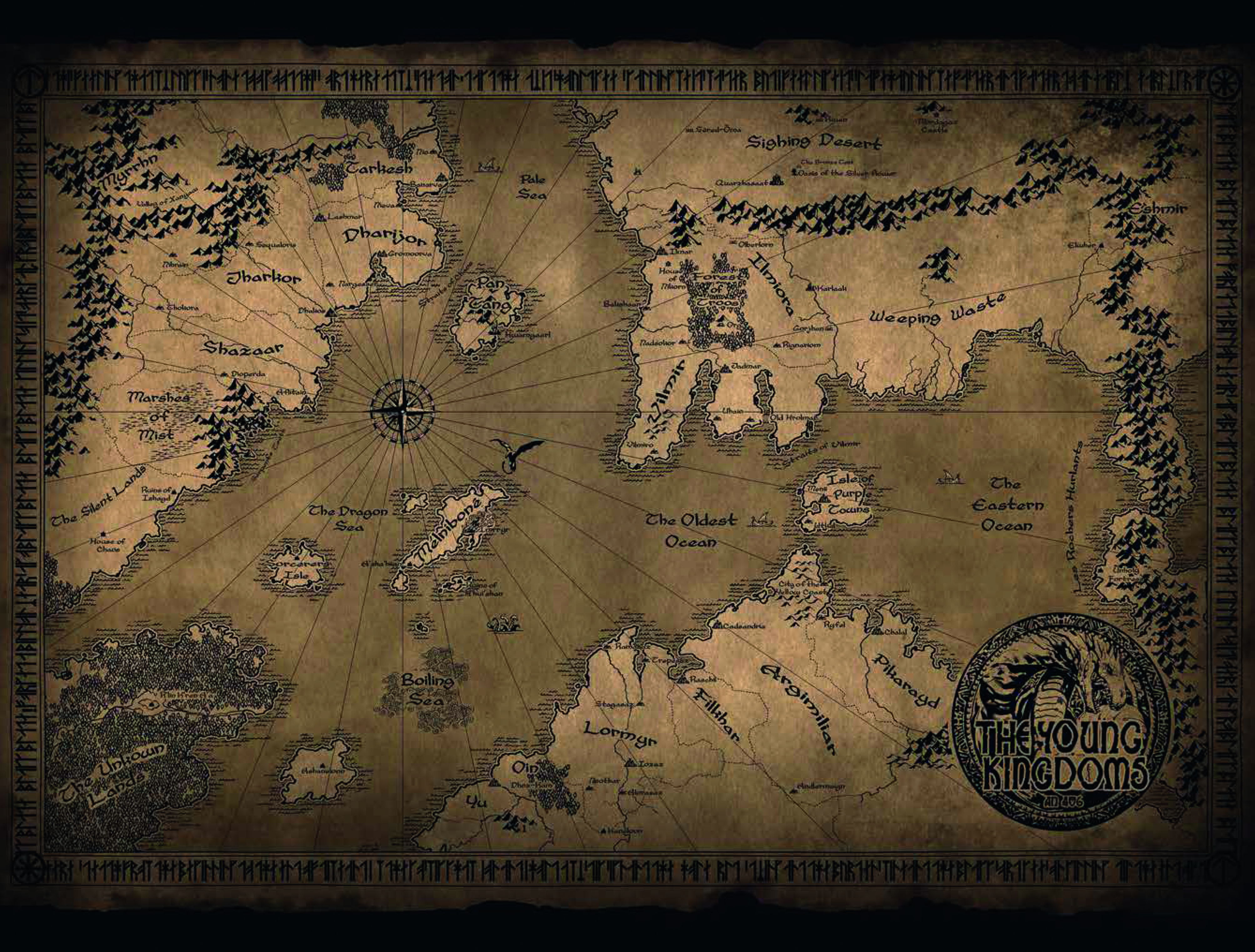 Old map depicting various islands and landmasses with intricate details.