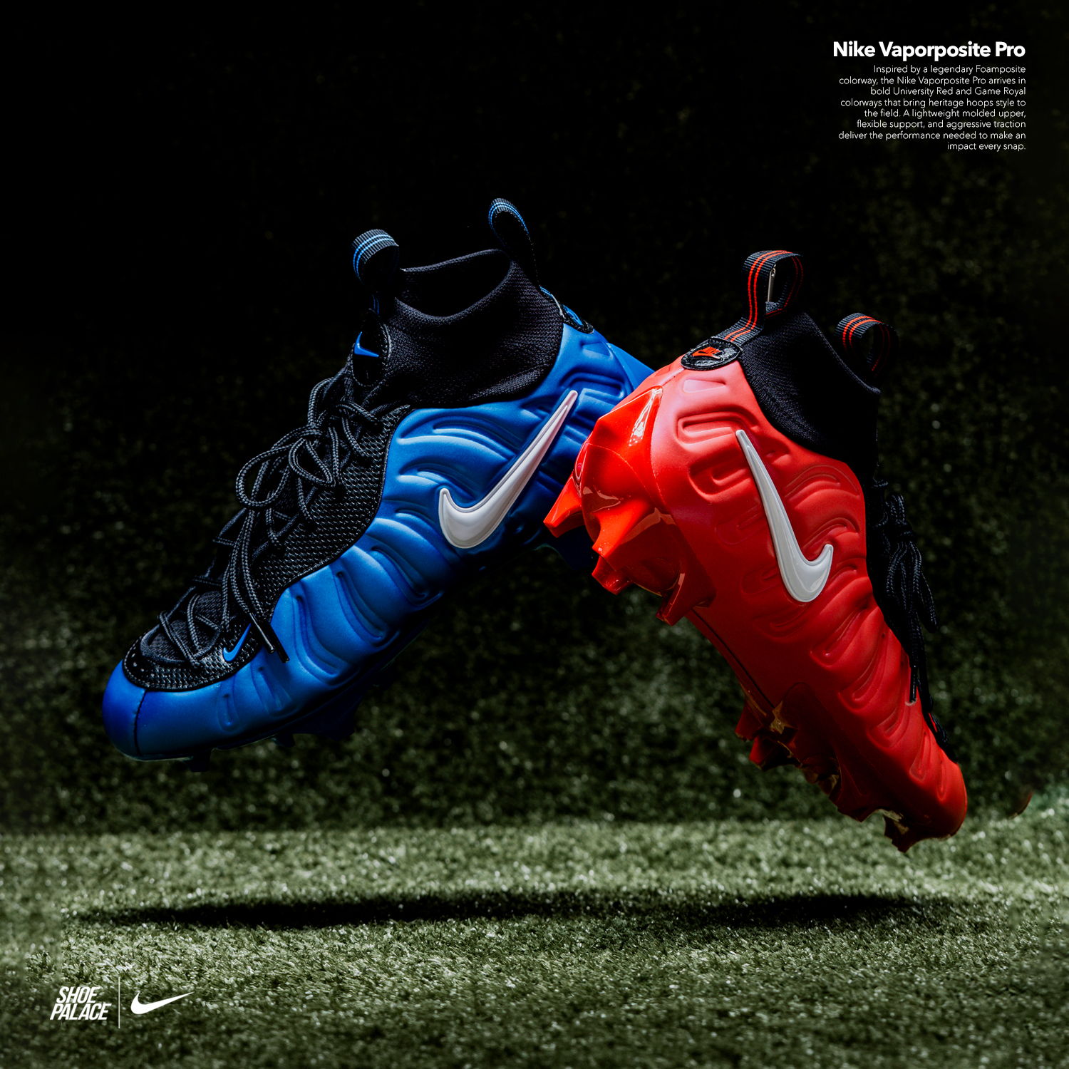 Nike shoes in blue and red, displayed on grass.
