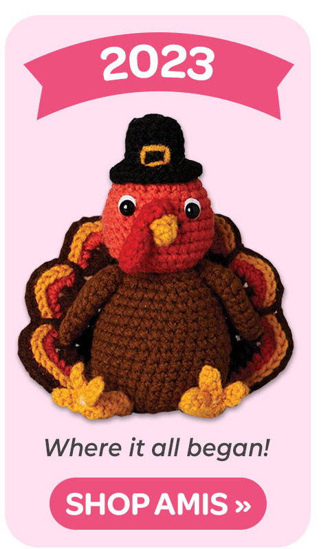 Amigurumi turkey with a hat, promoting 2023 collection. Where it all began! Shop Amis>>