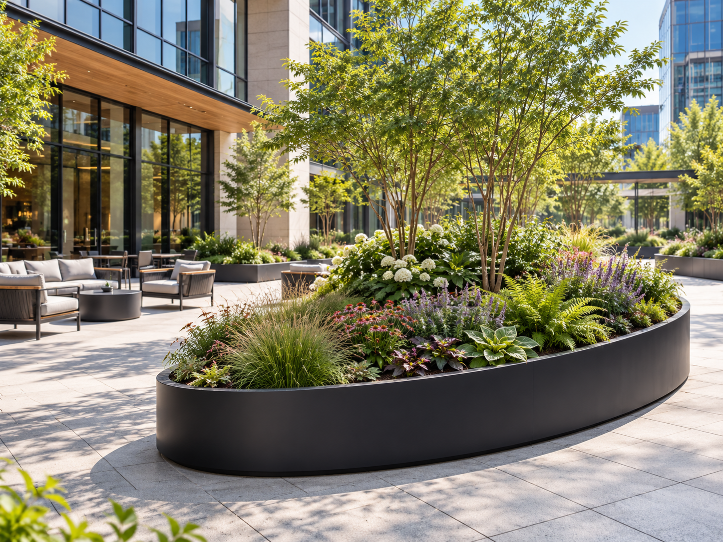 Modern outdoor space with planters, greenery, and seating area.