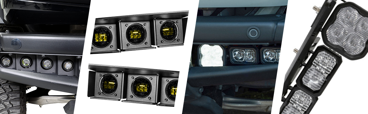 Photo collage of various fog lights for off-road vehicles.
