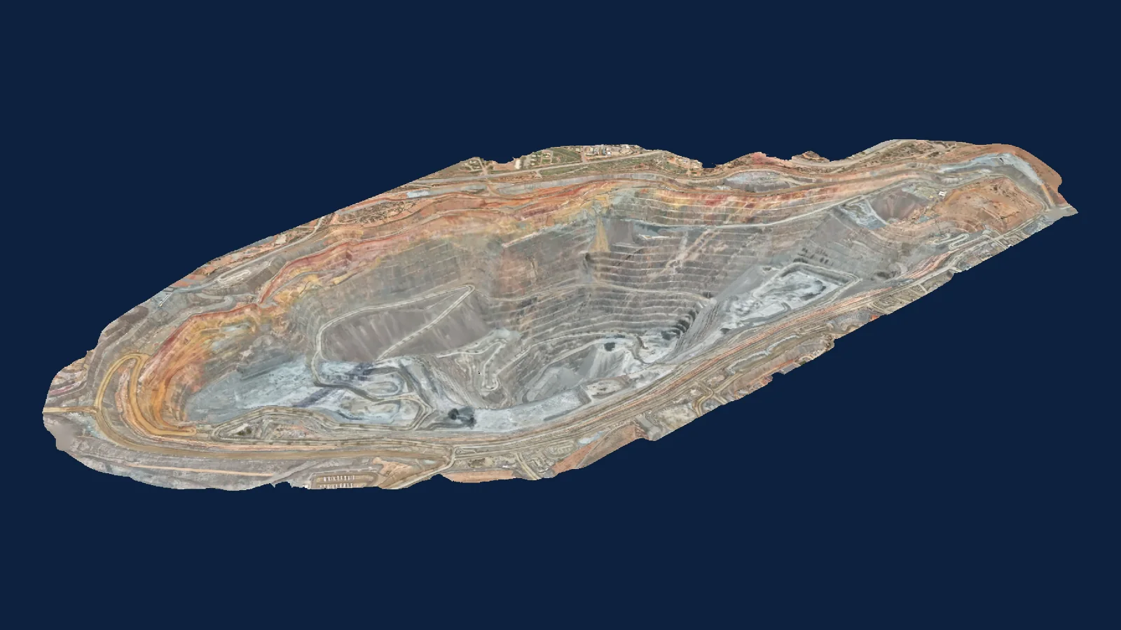 Three-dimensional open-pit mine model showing haul roads, gradients and surrounding terrain