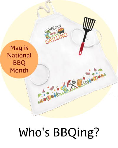 Who's BBQing? May is National BBQ Month. Image: Herrschners Summer Grilling Apron Stamped Cross-Stitch.
